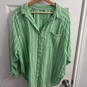 aerie Light Green & White Striped Casual Button-Down Shirt